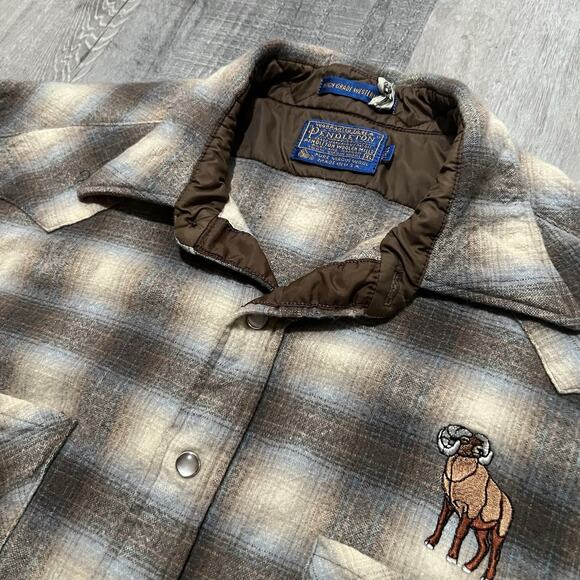VTG Pendleton Shadow Plaid 80s/90s Beige Western Grade Pearl Snap CSU Rams Shirt - Picture 6 of 7